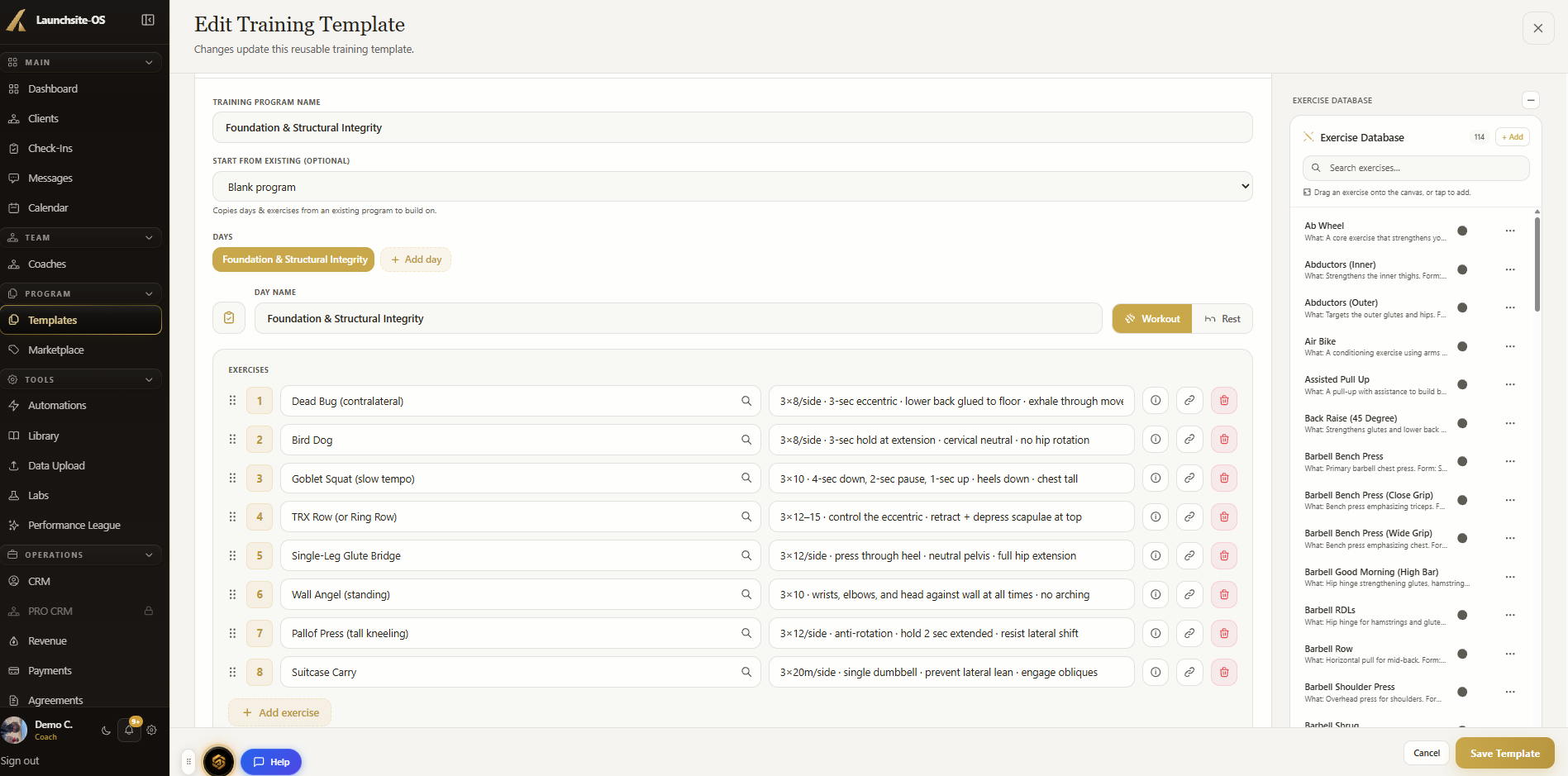 Training template editor with named days, ordered exercises, prescriptions, and the exercise database alongside
